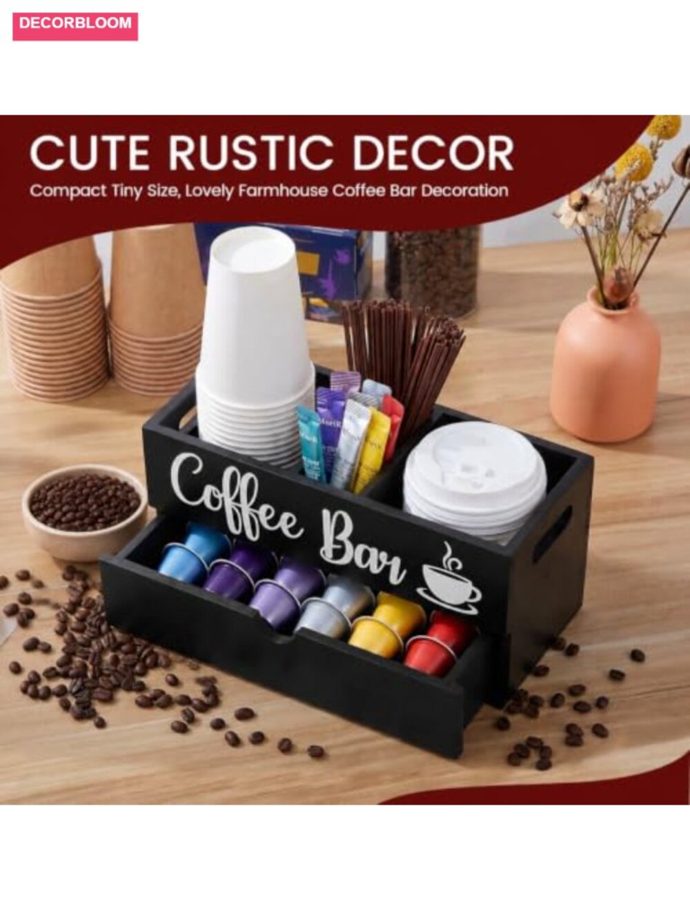 Farmhouse Coffee Station Organizer with Drawer | Wood Coffee Bar Holder for - Picture 4 of 6